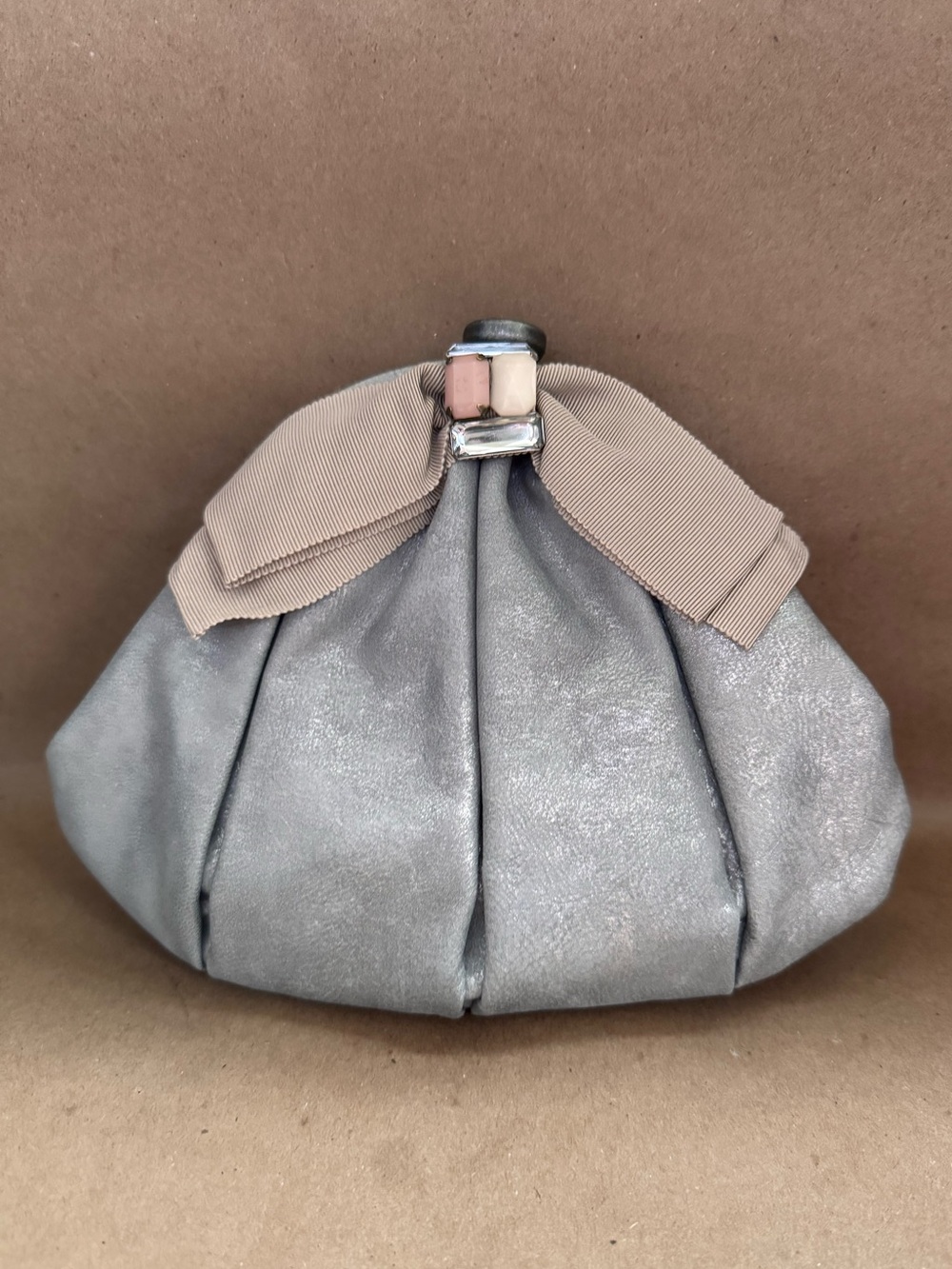 Club Monaco Silver Lambskin Kisslock Clutch.